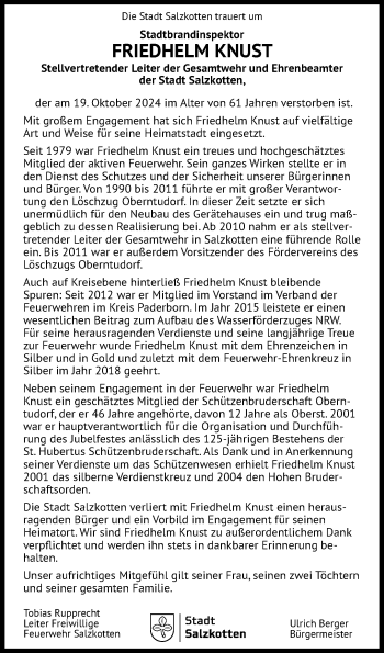 Traueranzeige von Friedhelm Knust von Westfalen Blatt