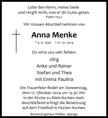 Traueranzeige von Anna Menke von Westfalen Blatt