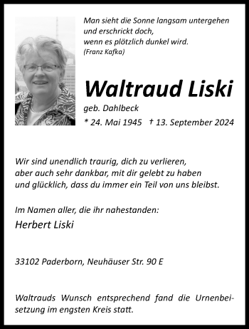 Traueranzeige von Waltraud Liski von Westfalen Blatt