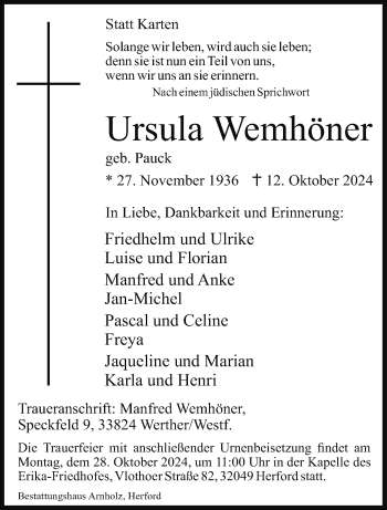 Traueranzeige von Ursula Wemhöner von Westfalen Blatt