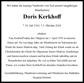 Traueranzeige von Doris Kerkhoff von Westfalen Blatt