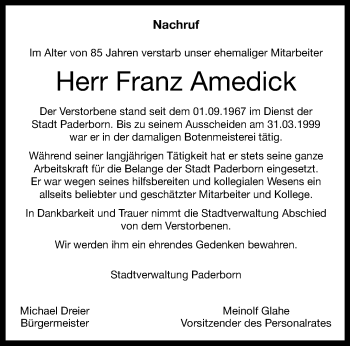 Traueranzeige von Franz Amedick von Westfalen Blatt