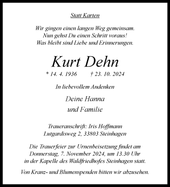 Traueranzeige von Kurt Dehn von Westfalen Blatt