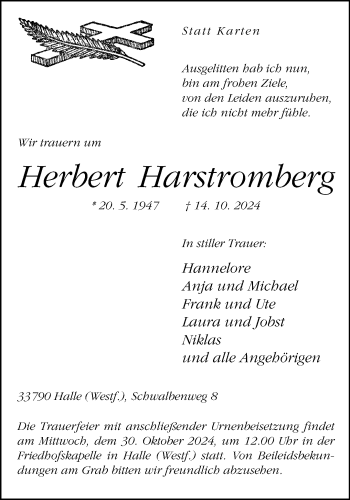 Traueranzeige von Herbert Harstromberg von Westfalen Blatt