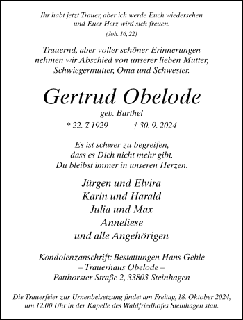 Traueranzeige von Gertrud Obelode von Westfalen Blatt