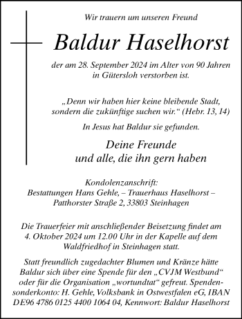 Traueranzeige von Baldur Haselhorst von Westfalen Blatt