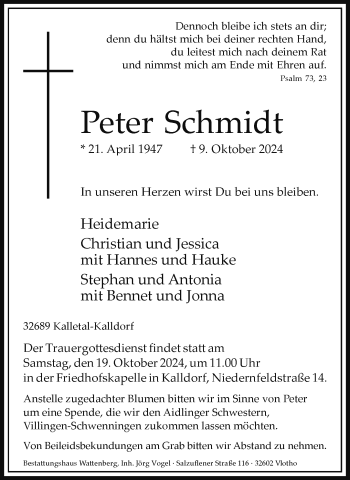 Traueranzeige von Peter Schmidt von Westfalen Blatt