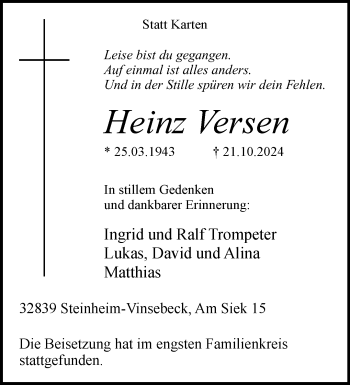 Traueranzeige von Heinz Versen von Westfalen Blatt