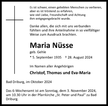 Traueranzeige von Maria Nüsse von Westfalen Blatt