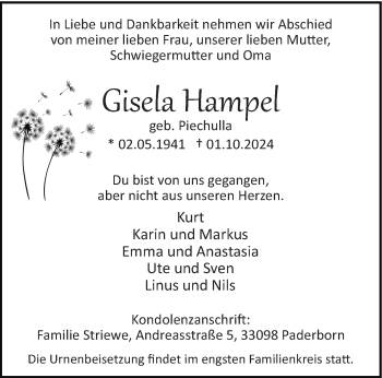 Traueranzeige von Gisela Hampel von Westfalen Blatt