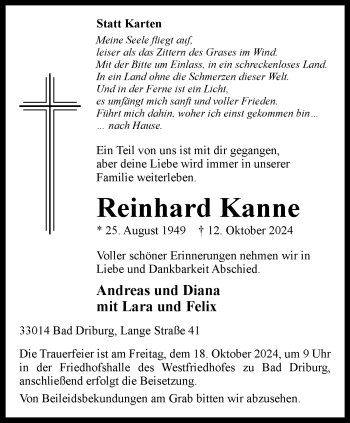 Traueranzeige von Reinhard Kanne von Westfalen Blatt