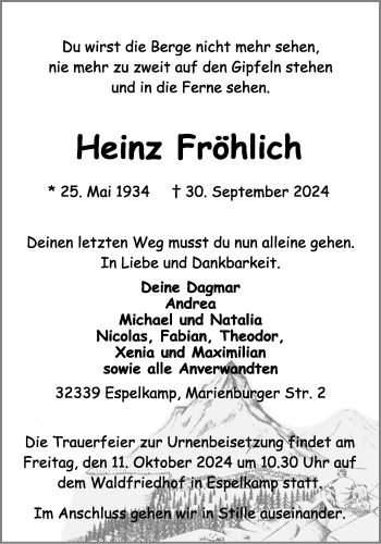 Traueranzeige von Heinz Fröhlich von Westfalen Blatt