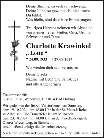 Traueranzeige von Charlotte Krawinkel von Westfalen Blatt