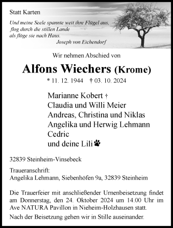 Traueranzeige von Alfons Wiechers von Westfalen Blatt