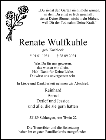 Traueranzeige von Renate Wulfkuhle von Westfalen Blatt