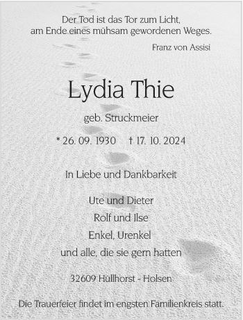 Traueranzeige von Lydia Thie von Westfalen Blatt