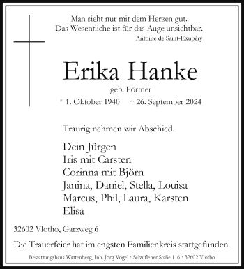 Traueranzeige von Erika Hanke von Westfalen Blatt