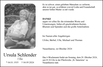 Traueranzeige von Ursula Schlender von Westfalen Blatt