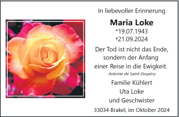 Traueranzeige von Maria Loke von Westfalen Blatt