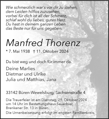 Traueranzeige von Manfred Thorenz von Westfalen Blatt