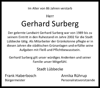 Traueranzeige von Gerhard Surberg von Westfalen Blatt