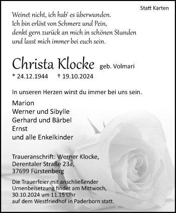 Traueranzeige von Christa Klocke von Westfalen Blatt