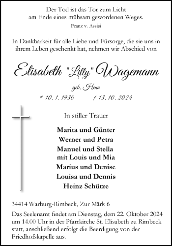 Traueranzeige von Elisabeth Wagemann von Westfalen Blatt