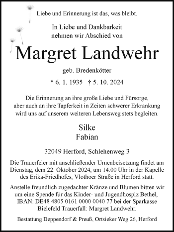 Traueranzeige von Margret Landwehr von Westfalen Blatt