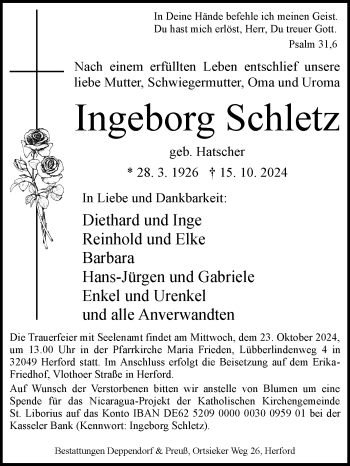 Traueranzeige von Ingeborg Schletz von Westfalen Blatt