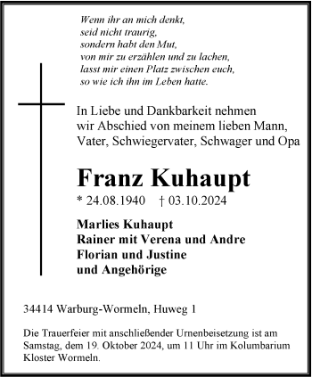 Traueranzeige von Franz Kuhaupt von Westfalen Blatt