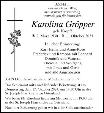 Traueranzeige von Karolina Gröpper von Westfalen Blatt