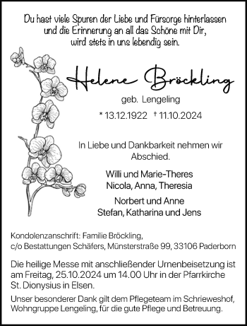 Traueranzeige von Helene Brackling von Westfalen Blatt