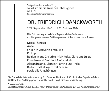 Traueranzeige von Dr. Friedrich Danckworth von Westfalen Blatt