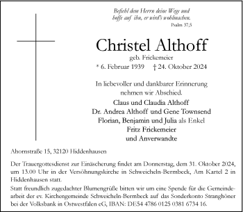 Traueranzeige von Christel Althoff von Westfalen Blatt