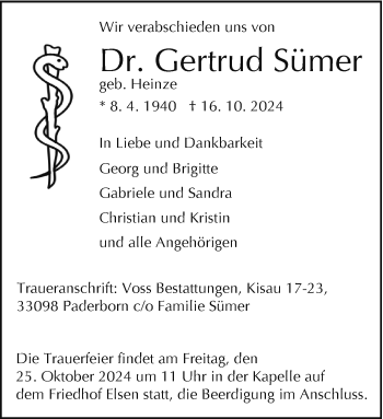 Traueranzeige von Gertrud Dr. Sümer von Westfalen Blatt