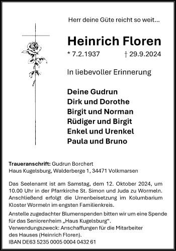 Traueranzeige von Heinrich Floren von Westfalen Blatt