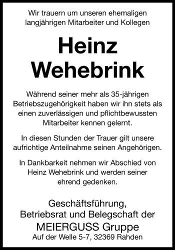 Traueranzeige von Heinz Wehebrink von Westfalen Blatt