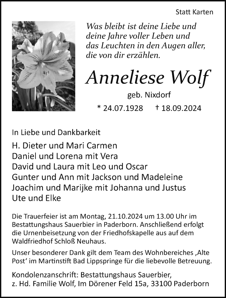  Traueranzeige für Anneliese Wolf vom 12.10.2024 aus Westfalen Blatt