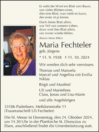 Traueranzeige von Maria Fechteler von Westfalen Blatt