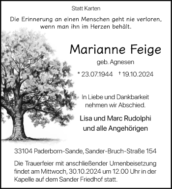 Traueranzeige von Marianne Feige von Westfalen Blatt