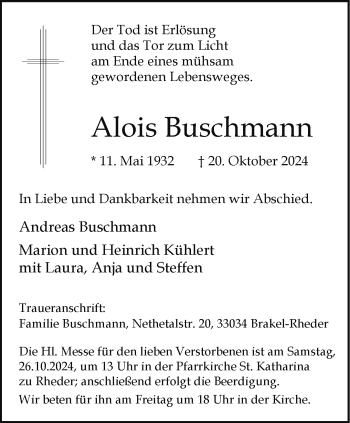 Traueranzeige von Alois Buschmann von Westfalen Blatt