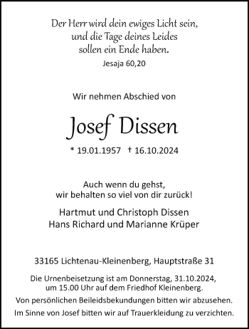 Traueranzeige von Josef Dissen von Westfalen Blatt