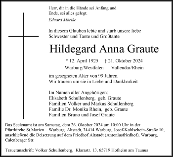 Traueranzeige von Hildegard Anna Graute von Westfalen Blatt