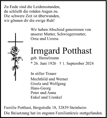 Traueranzeige von Irmgard Potthast von Westfalen Blatt