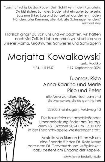 Traueranzeige von Marjatta Kowalkowski von Westfalen Blatt