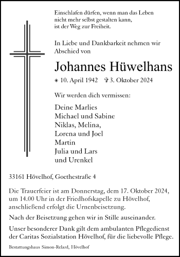 Traueranzeige von Johannes Hüwelhans von Westfalen Blatt