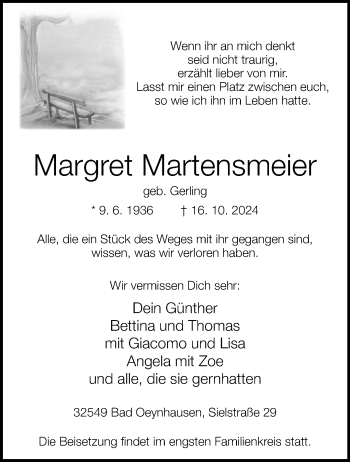 Traueranzeige von Margret Martensmeier von Westfalen Blatt