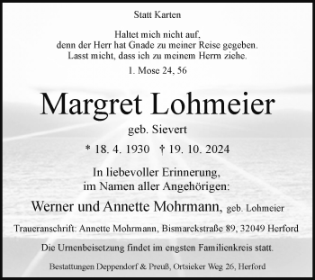 Traueranzeige von Margret Lohmeier von Westfalen Blatt