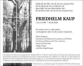 Traueranzeige von Friedhelm Kaup von Westfalen Blatt