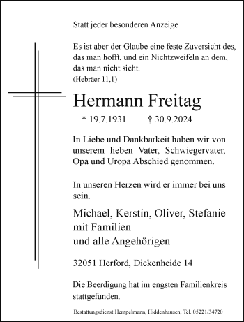 Traueranzeige von Hermann Freitag von Westfalen Blatt